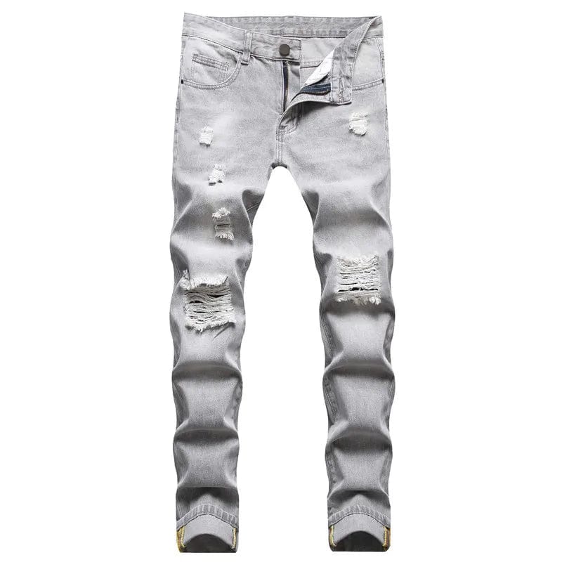 Mens Jeans Large - size Straight Light Gray Denim Trousers Spring and Autumn Full Length Male Pants Ripped Jeans - SHOWLU FASHION STORE