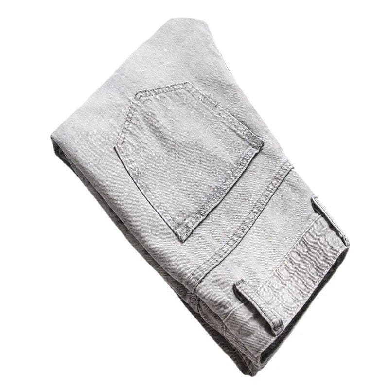 Men's light gray ripped straight leg jeans by Showlu Fashion Store, full-length denim trousers with distressed details.