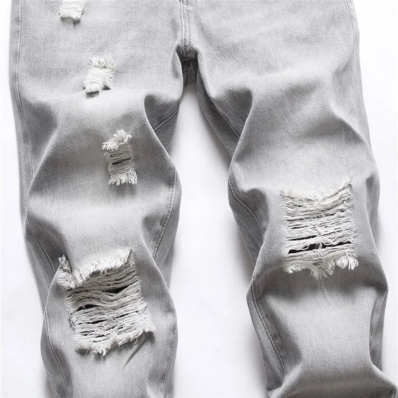 Men's light gray ripped straight leg jeans from Showlu Fashion, full-length denim trousers with distressed details for a casual look.
