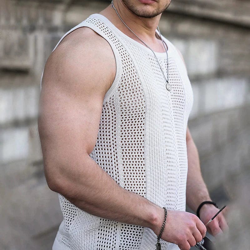 Men's SHOWLU Fashion Store knitted hollow vest with slim fit crewneck, sleeveless summer knitwear featuring cut-out design.