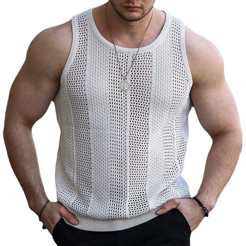 Men's SHOWLU knitted hollow vest with sleeveless design and slim fit crewneck, perfect for summer knitwear style.