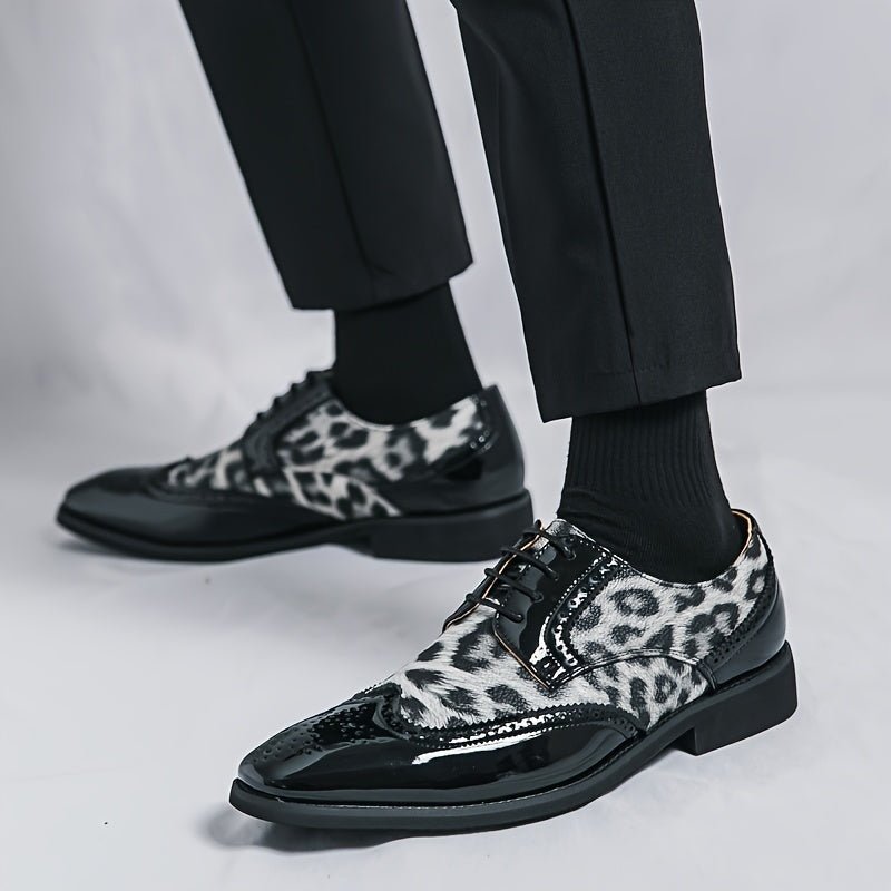 Men's leopard print pointed-toe lace-up oxford dress shoes by SHOWLU FASHION with black upper and sole, ideal for formal occasions