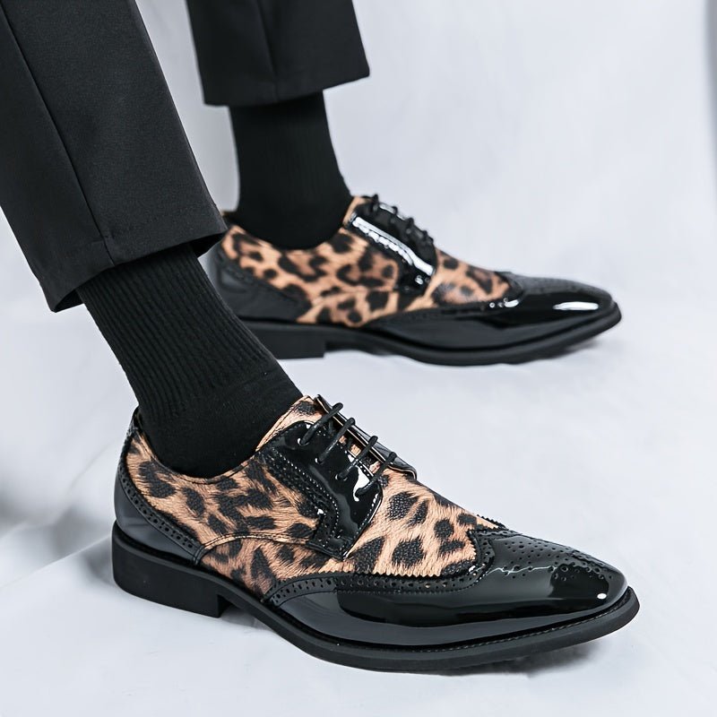 Men's leopard print pointed-toe lace-up oxford dress shoes by SHOWLU FASHION with black upper and sole, ideal for formal occasions.