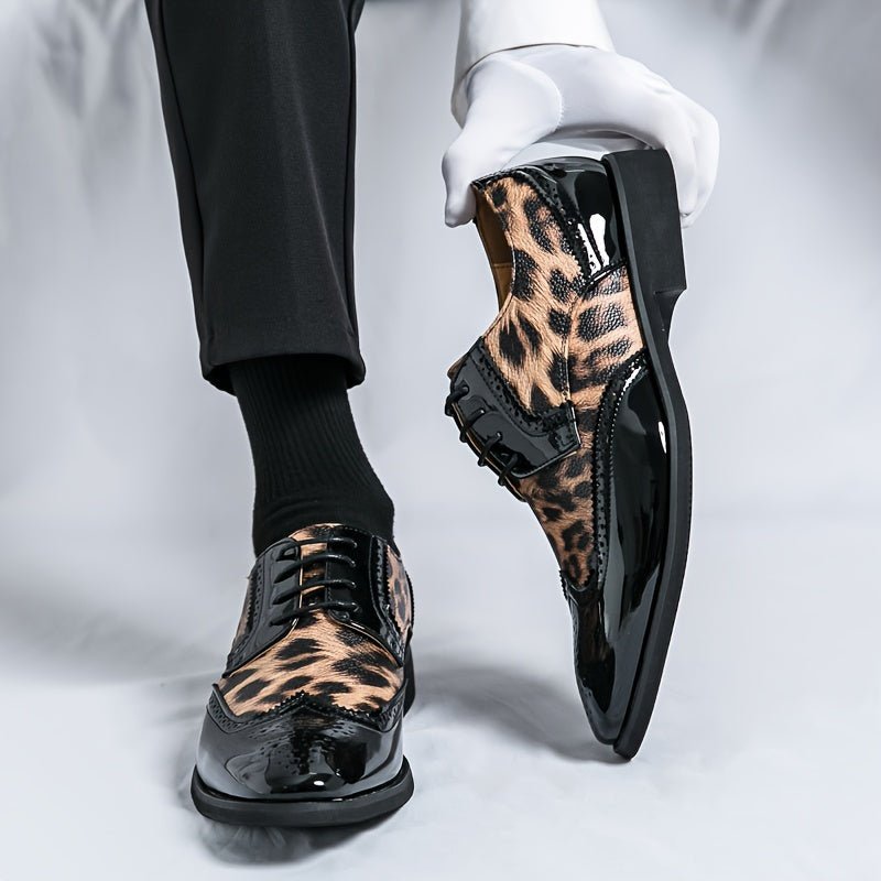 SHOWLU FASHION men's leopard print pointed-toe lace-up Oxford dress shoes with black upper for formal occasions and business wear.