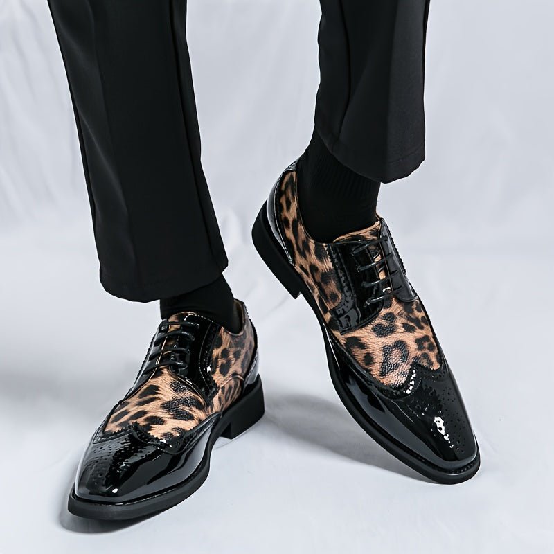 Men's leopard print pointed-toe lace-up Oxford shoes by SHOWLU FASHION, stylish black dress shoes for formal occasions.