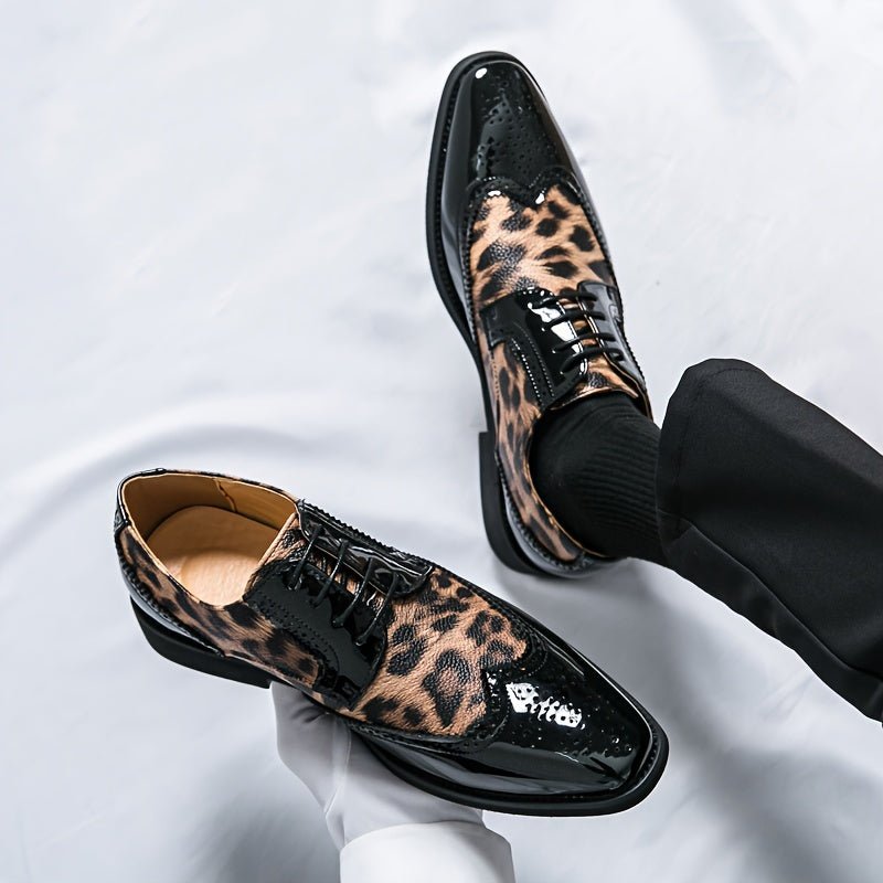 Men's leopard print pointed-toe lace-up Oxford dress shoes by SHOWLU FASHION with black upper and sole, ideal for formal occasions.