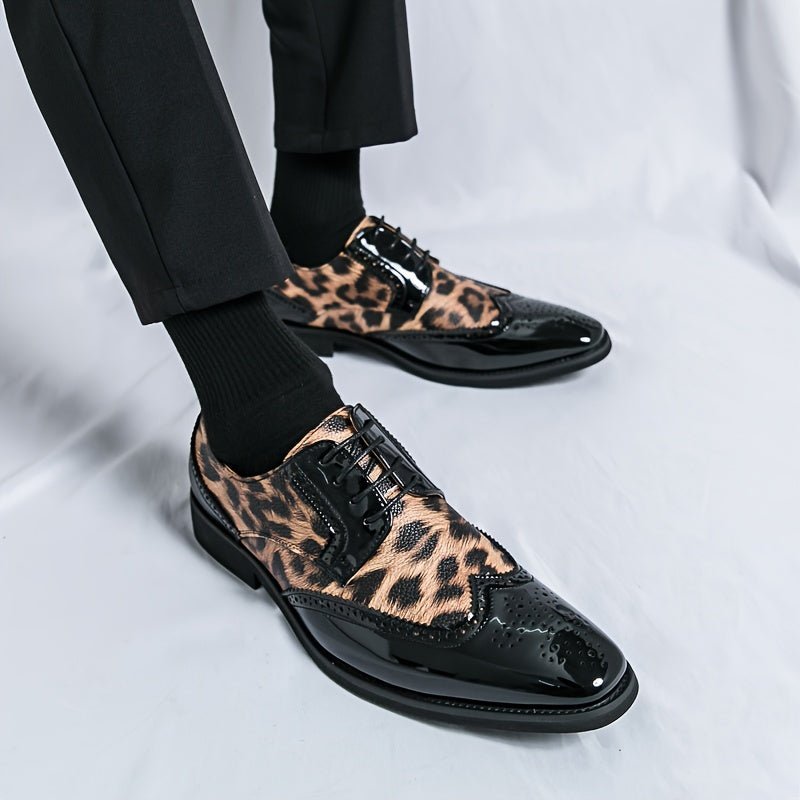 Men's leopard print pointed-toe lace-up Oxford dress shoes by SHOWLU FASHION, stylish black upper with leopard pattern for formal occasions.