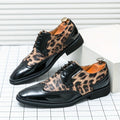 Men's leopard print pointed-toe lace-up Oxford dress shoes by SHOWLU FASHION with black upper and sole, ideal for formal occasions.