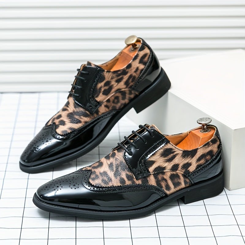 Men's leopard print pointed-toe lace-up Oxford dress shoes by SHOWLU FASHION with black upper and sole, ideal for formal occasions.