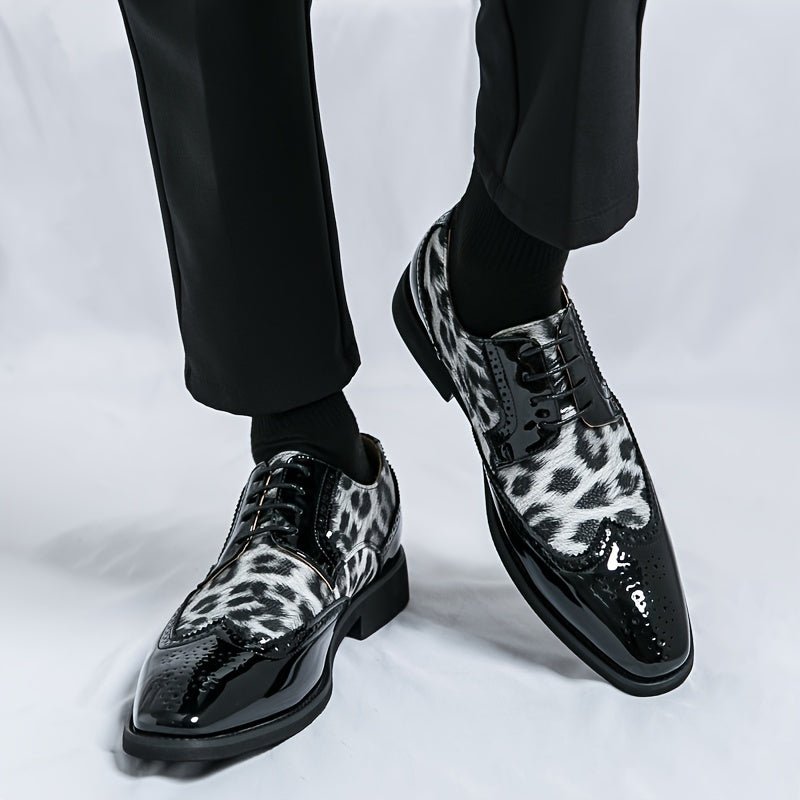 Men's leopard print pointed-toe lace-up Oxford dress shoes by SHOWLU FASHION with black upper and sole, ideal for formal occasions.