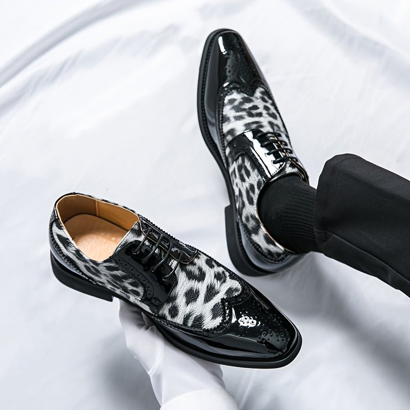 Men's leopard print pointed-toe lace-up Oxford dress shoes by SHOWLU FASHION with black upper and sole, ideal for formal occasions.