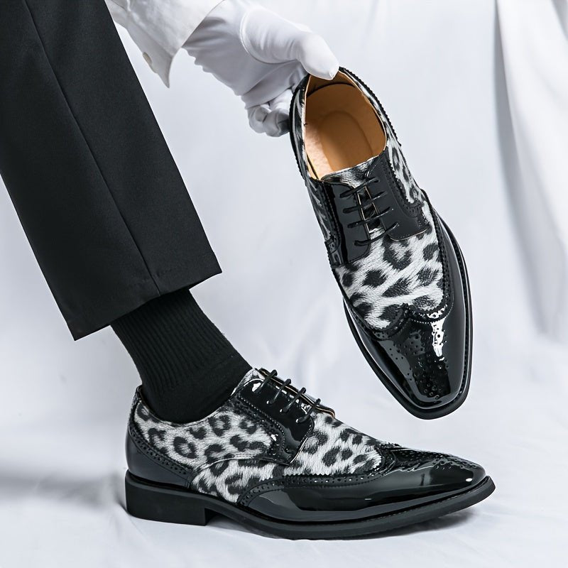 Men's leopard print pointed-toe lace-up Oxford dress shoes by SHOWLU FASHION with black upper and sole for formal occasions.