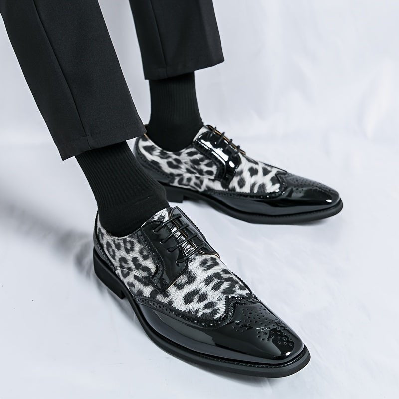 Men's leopard print pointed-toe lace-up Oxford dress shoes by SHOWLU FASHION with black upper and sole, ideal for formal occasions.