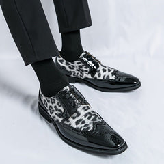 Men's Leopard Print Pointed - Toe Oxfords - Stylish Lace - Up Dress Shoes with Black Upper & Sole, Perfect for Business, Weddings & Formal Occasions, Leopard Print Shoes - SHOWLU FASHION STORE