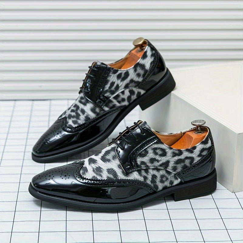 Men's leopard print pointed-toe lace-up Oxford dress shoes by SHOWLU FASHION with black upper and sole, ideal for formal occasions.