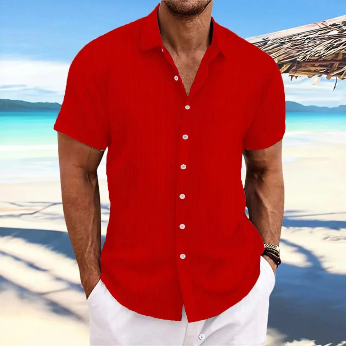 Men's linen striped jacquard casual shirt with short sleeves, loose fit, by Showlu Fashion Store.