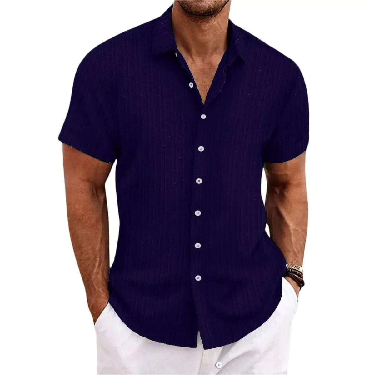 Men's linen striped jacquard casual shirt by Showlu Fashion, loose fit short sleeve design with a stylish, textured pattern.