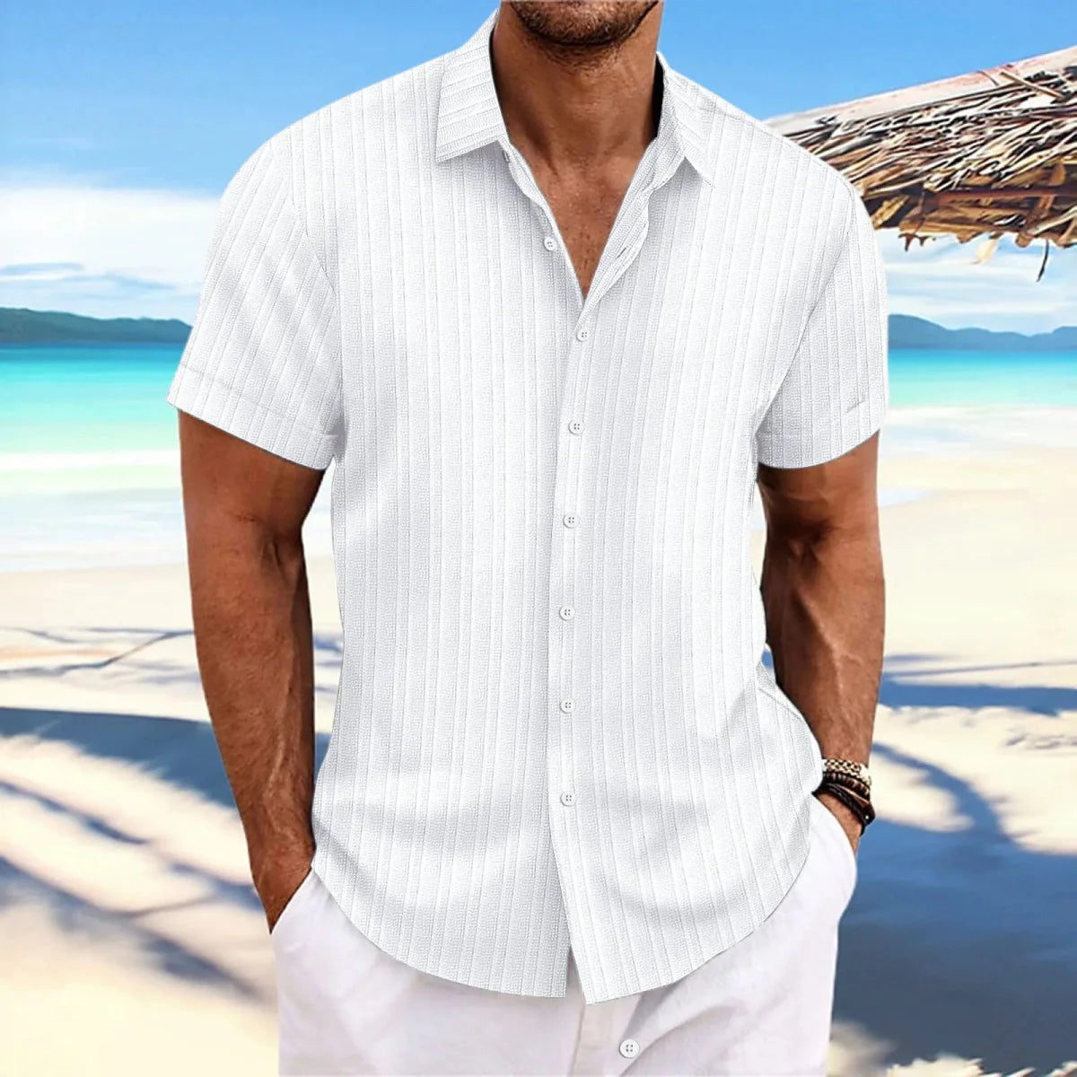 Men's linen striped jacquard casual shirt from Showlu Fashion Store, featuring a loose fit short sleeve design.
