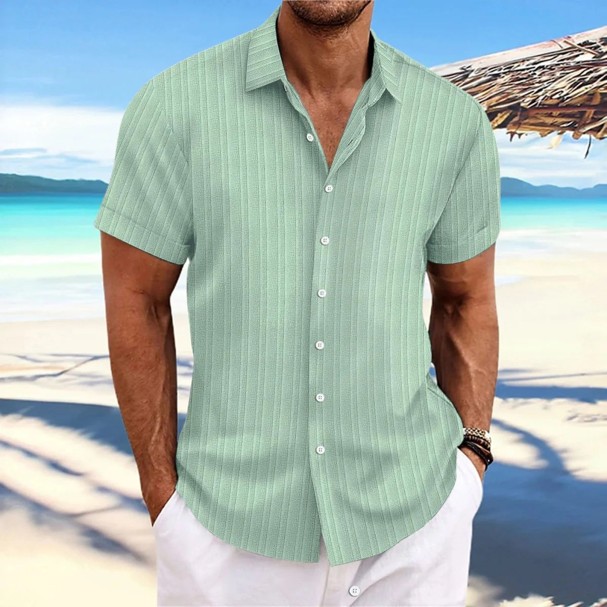 Men's linen striped jacquard shirt by Showlu Fashion, loose fit short sleeve casual shirt with stylish pattern.