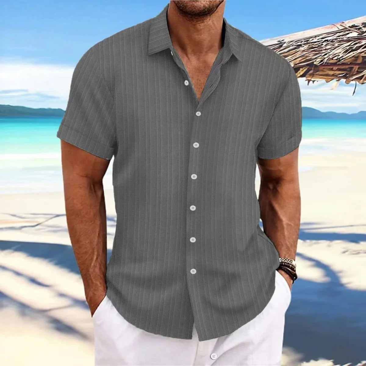 Men's linen striped jacquard casual shirt by Showlu, loose fit, short sleeve, lightweight and breathable fabric.
