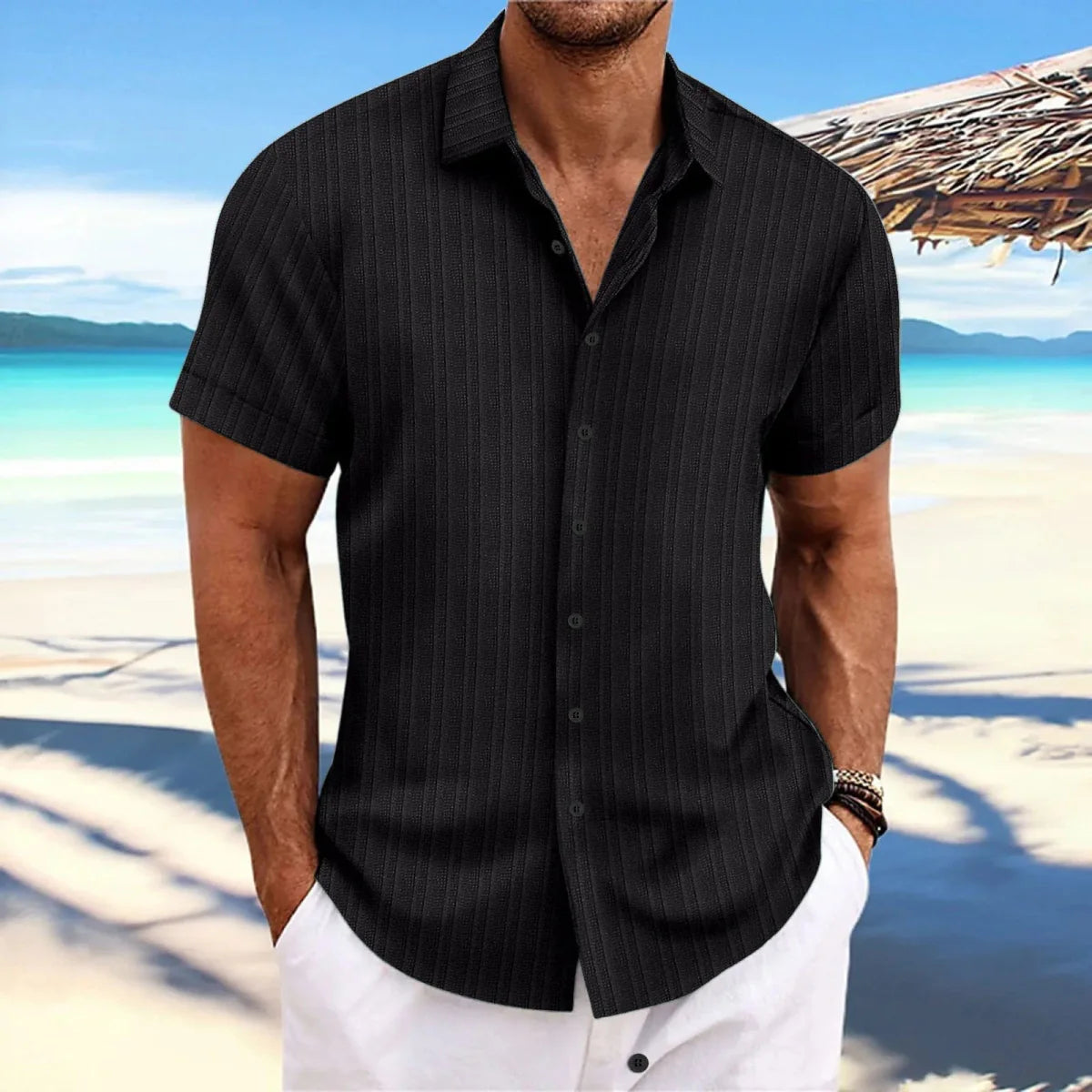 Showlu men's linen striped jacquard shirt with short sleeves, loose fit, casual style, featuring a modern striped pattern.