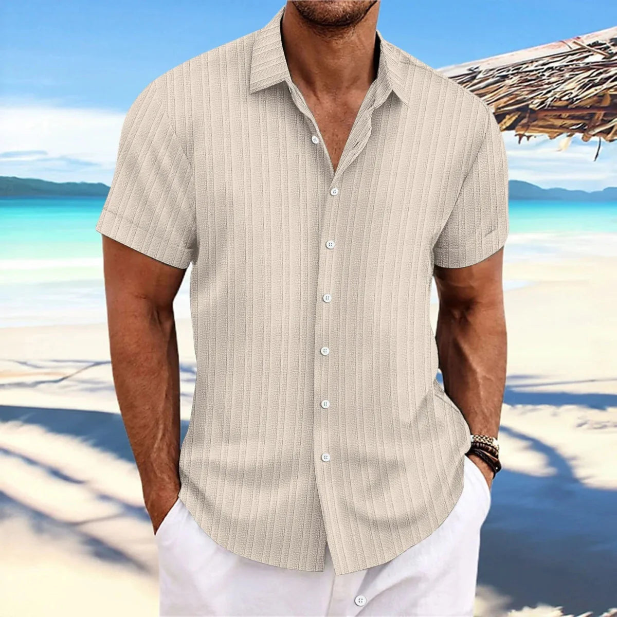 Men's linen striped jacquard casual shirt from Showlu Fashion Store, loose fit, short sleeve with a stylish striped pattern.