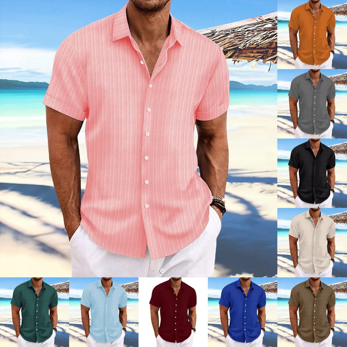 Men's linen striped jacquard shirt with a loose fit and short sleeves, featuring casual style and stylish design.