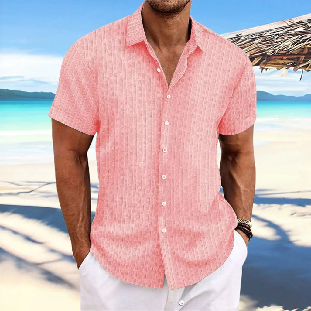 Men's linen striped jacquard casual shirt with short sleeves and loose fit, designed by Showlu Fashion Store.