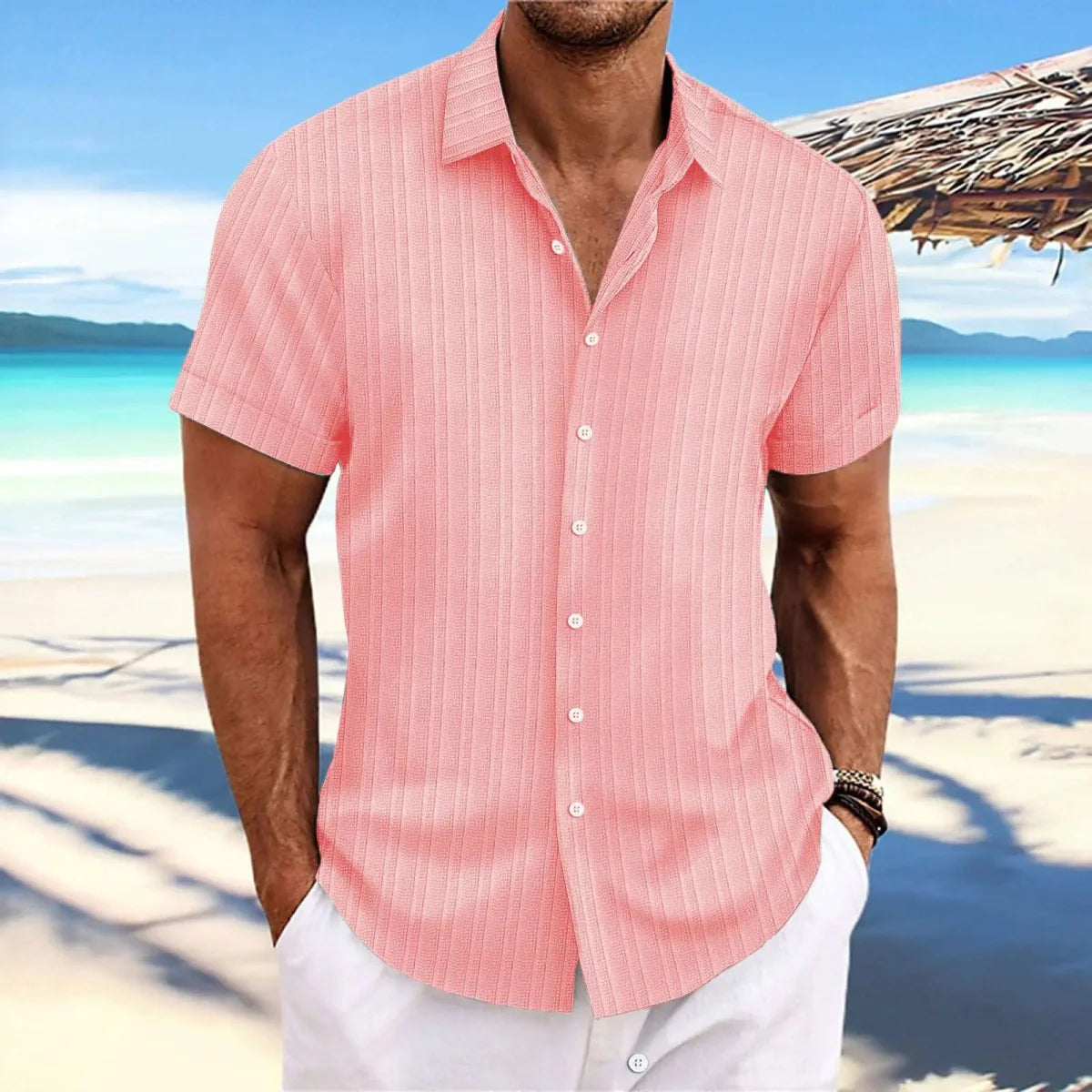 Men's linen striped jacquard casual shirt with short sleeves and loose fit, designed by Showlu Fashion Store.