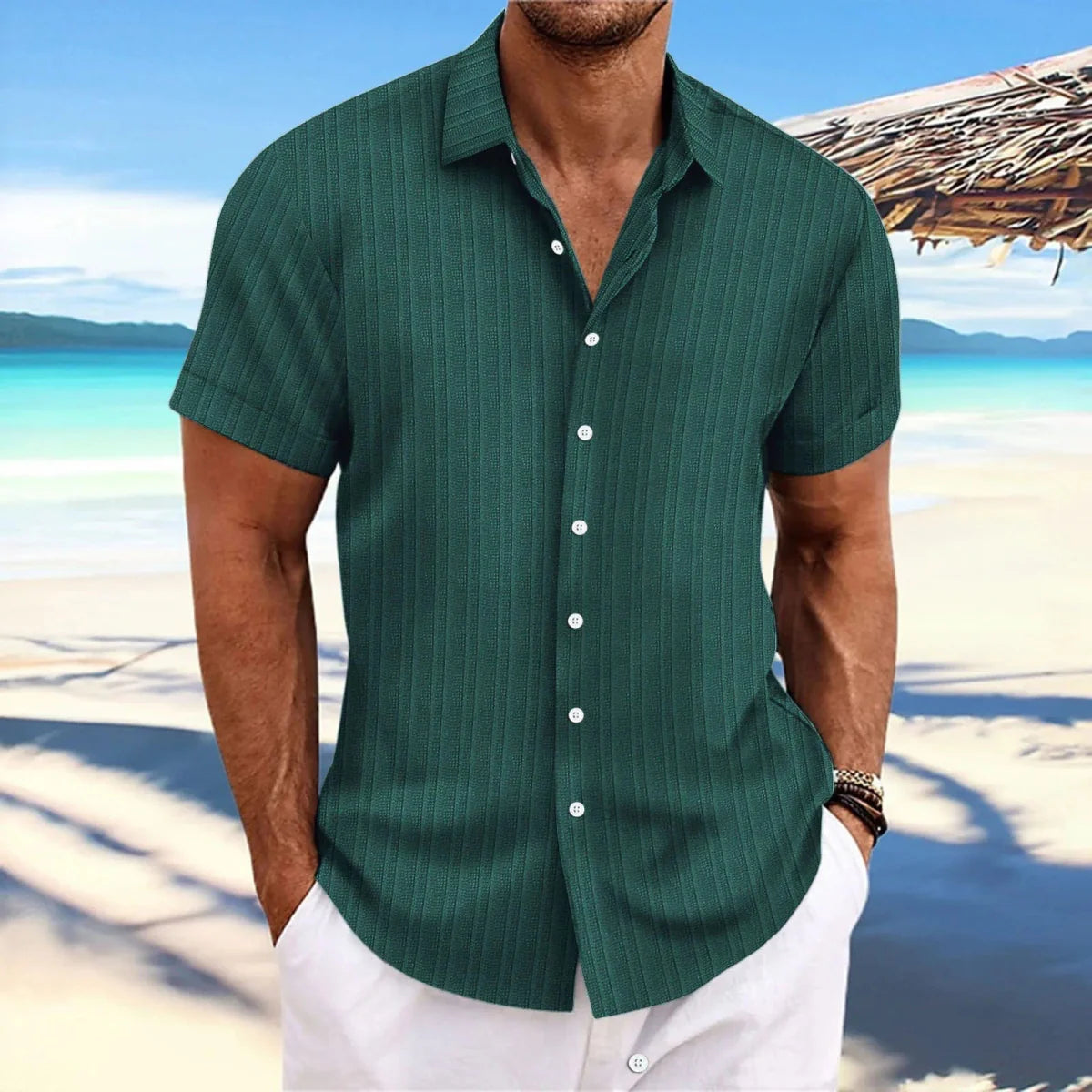 Men's linen striped jacquard casual shirt with a loose fit and short sleeves, designed by Showlu Fashion Store.
