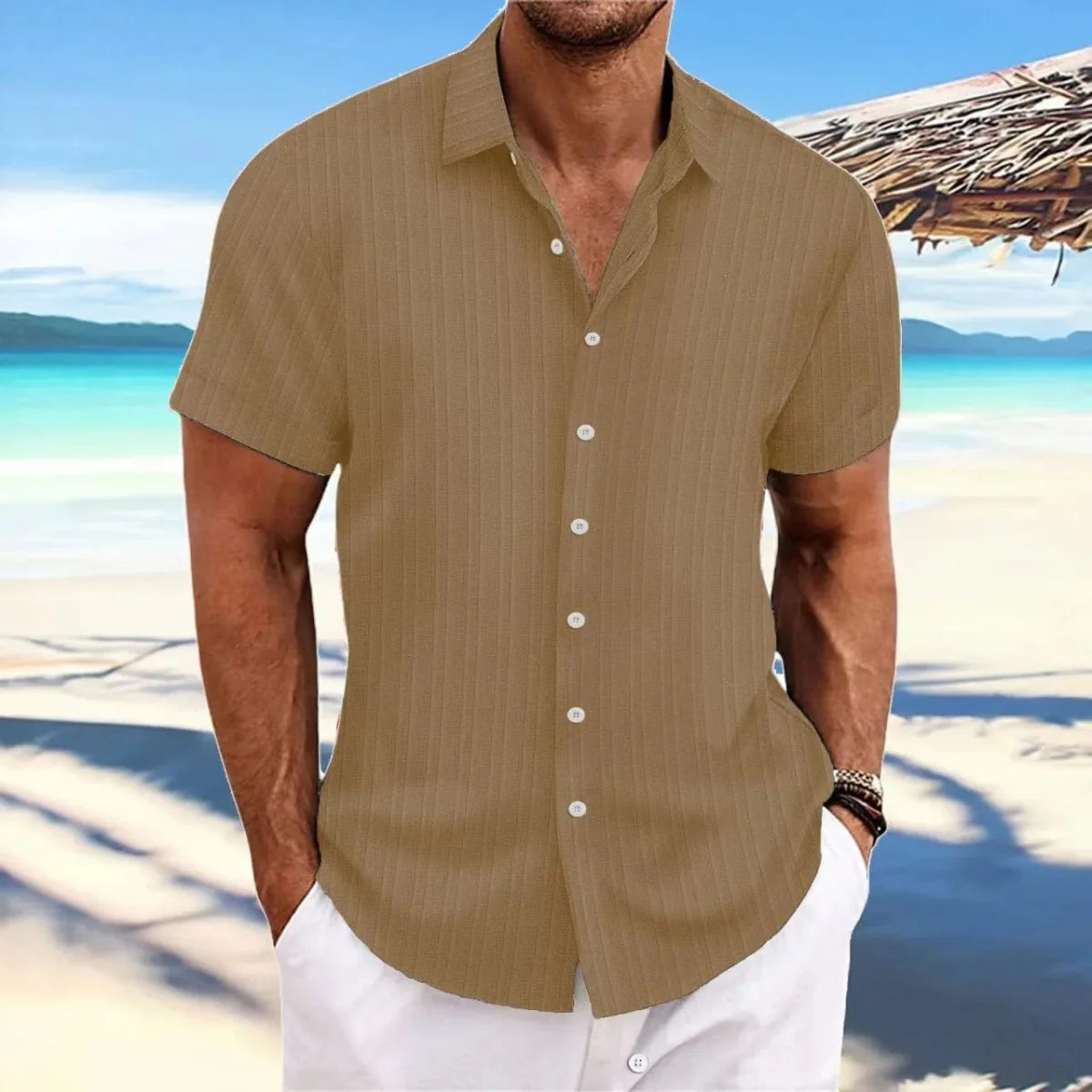 Men's linen striped jacquard shirt by Showlu Fashion, loose fit short sleeve casual shirt with a stylish striped pattern.