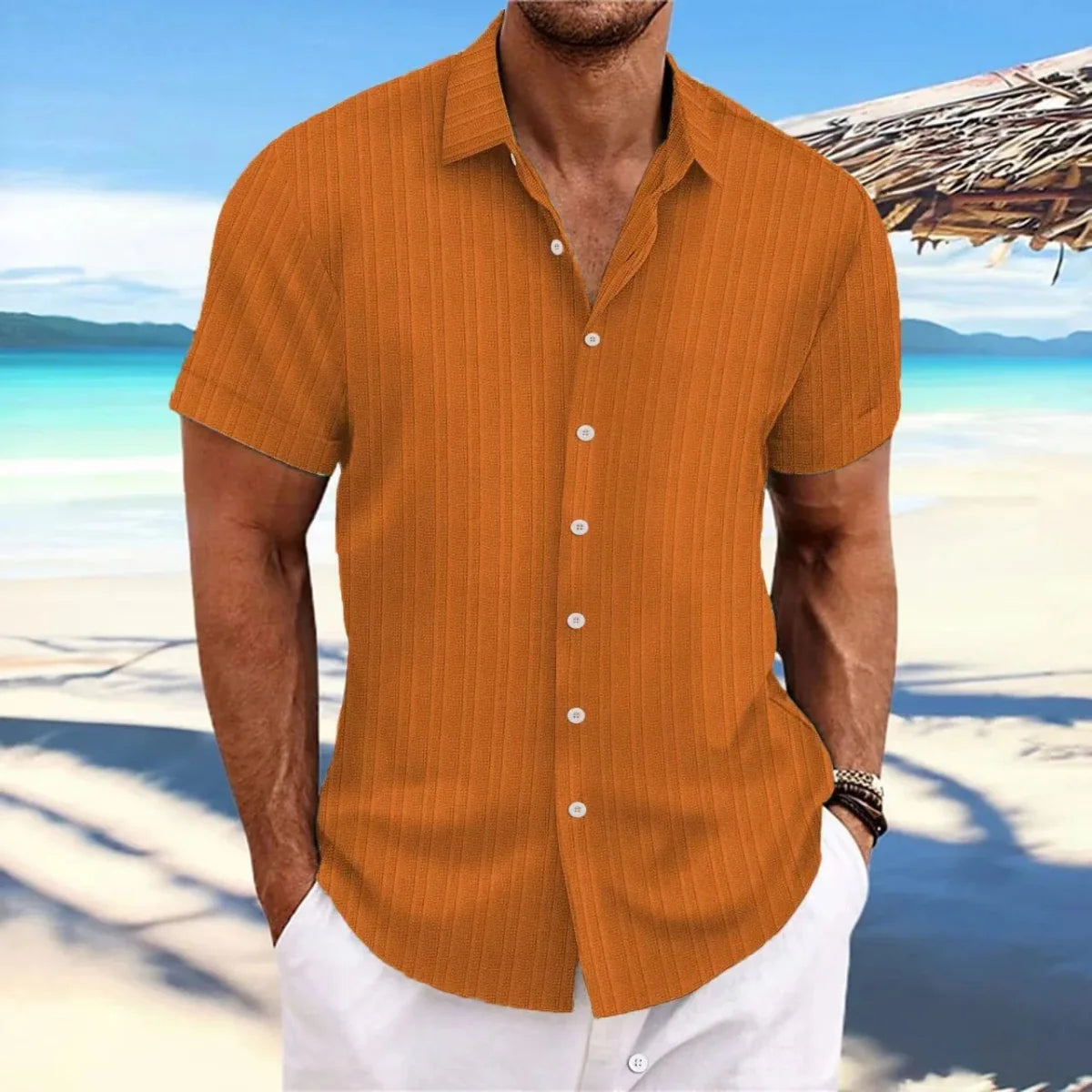 Men's Showlu linen striped jacquard shirt with short sleeves, loose fit and casual style, perfect for warm weather wear.