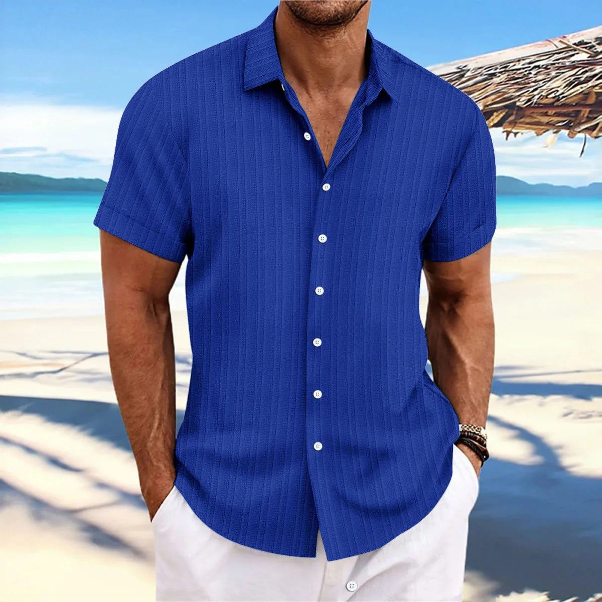 Men's Showlu linen striped jacquard casual shirt with short sleeves and a loose fit, featuring a stylish, lightweight design.