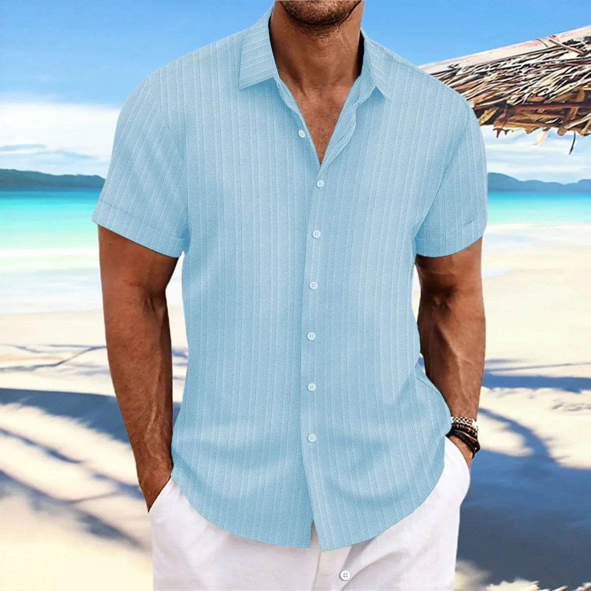 Men's linen striped jacquard casual shirt from Showlu Fashion Store, featuring a loose fit short sleeve design.