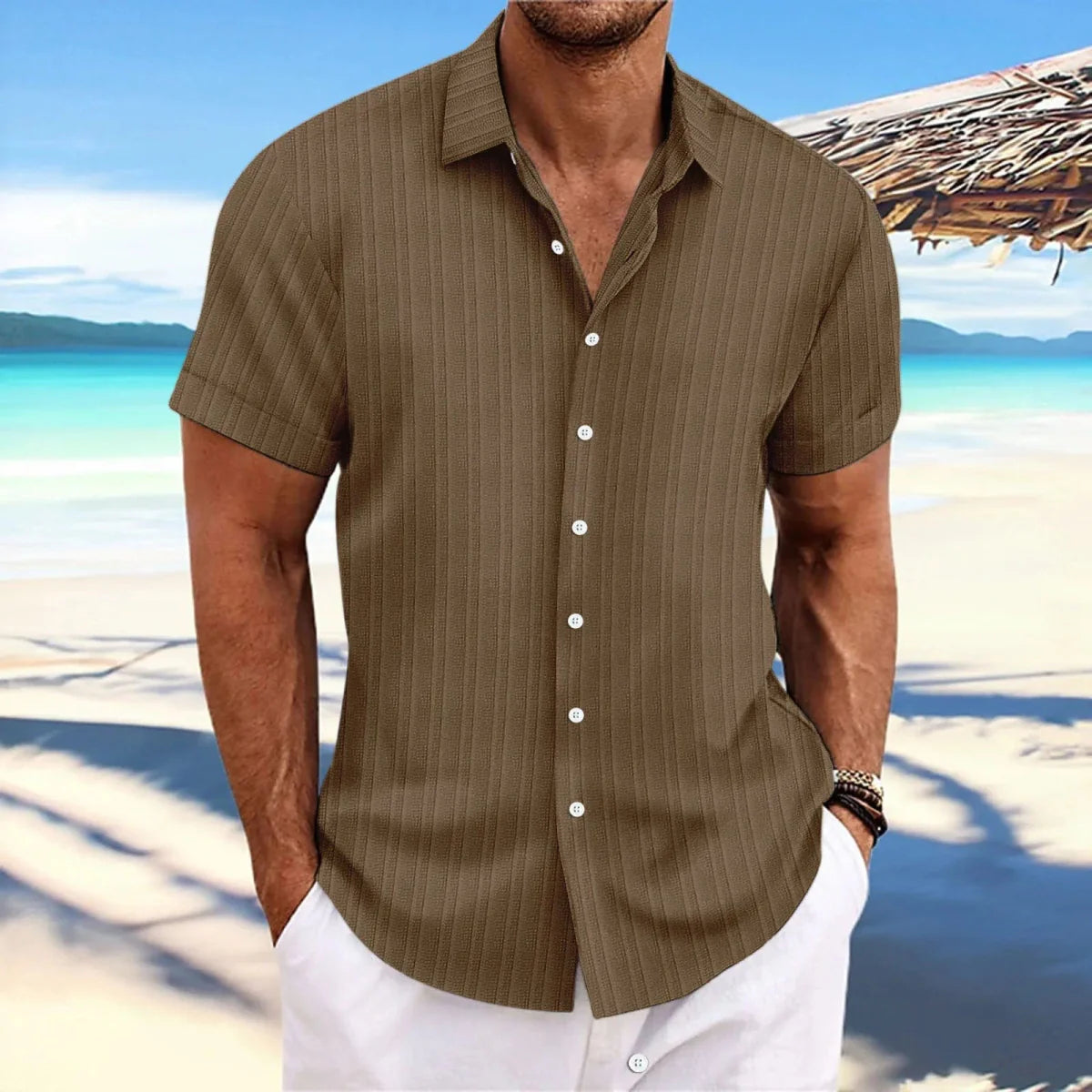Men's linen striped jacquard casual shirt by Showlu Fashion Store, loose fit, short sleeve, lightweight and breathable for warm weather.