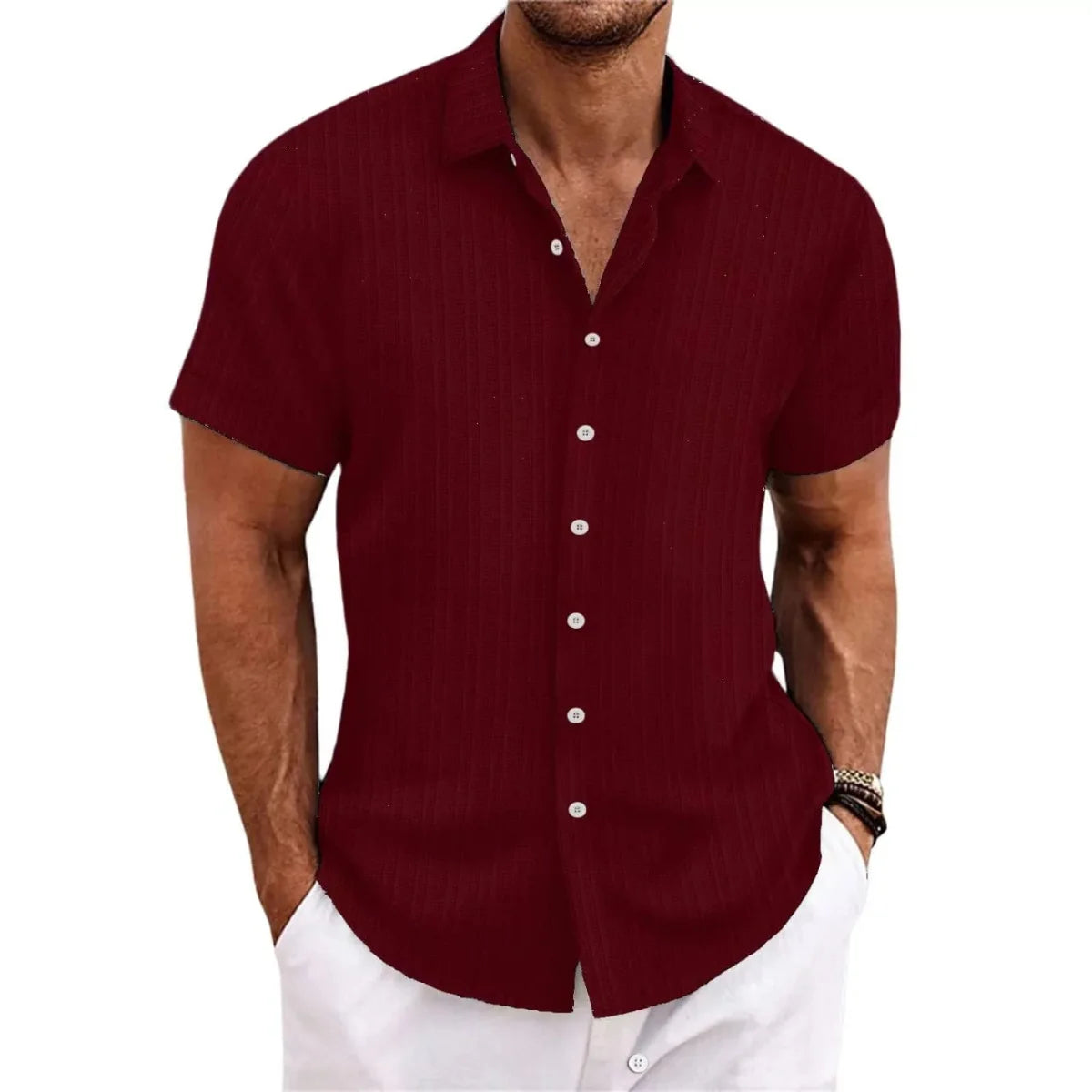 Men's linen striped jacquard casual shirt by Showlu Fashion Store, loose fit short sleeve with a stylish striped pattern.