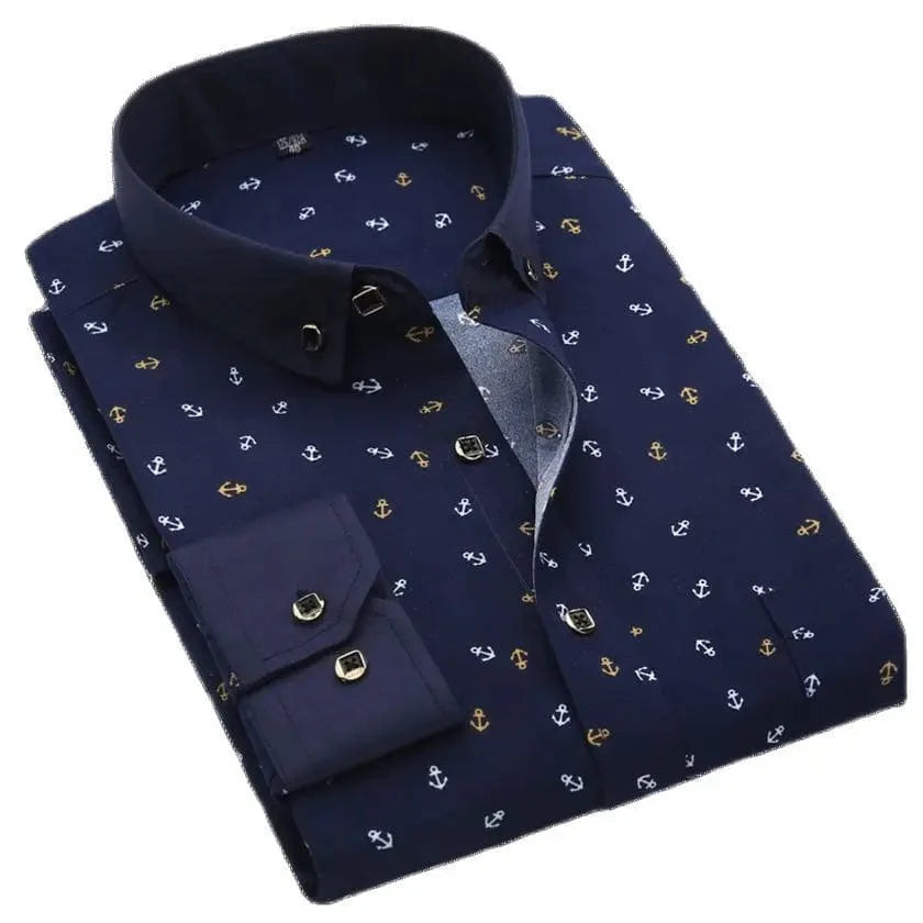 SHOWLU men's printed casual long sleeve shirt with turn-down collar, ideal for summer, holidays, and casual occasions.