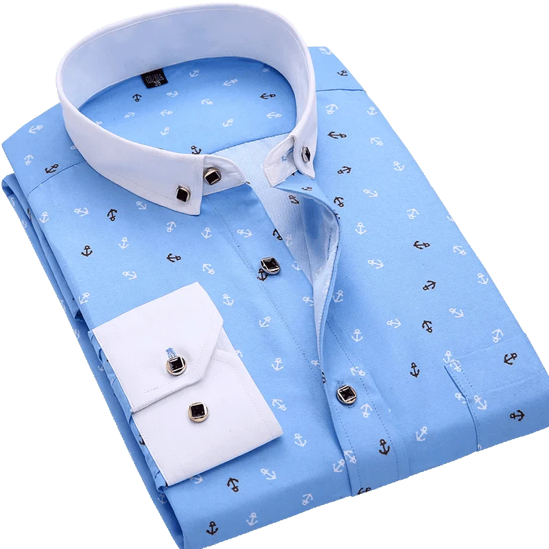 SHOWLU men's printed casual long sleeve shirt with turn-down collar, perfect for summer, holidays, or casual occasions.