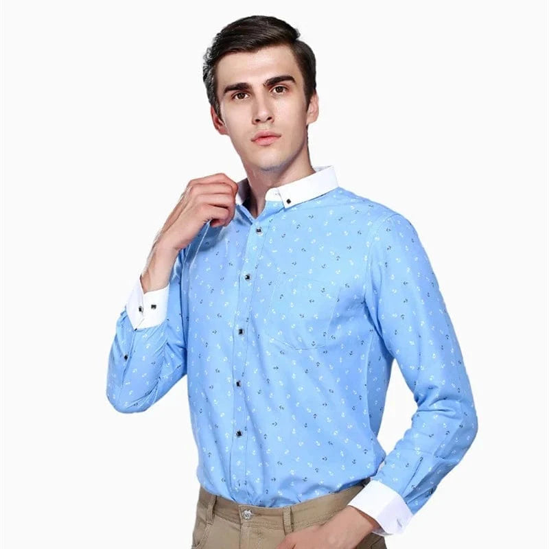 SHOWLU Men's printed long sleeve casual shirt with turn-down collar, suitable for summer, holidays, and casual or wedding occasions.