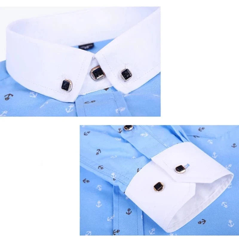 Men's printed casual shirt by SHOWLU FASHION STORE, long sleeve with turn-down collar, suitable for summer, holidays, or parties.