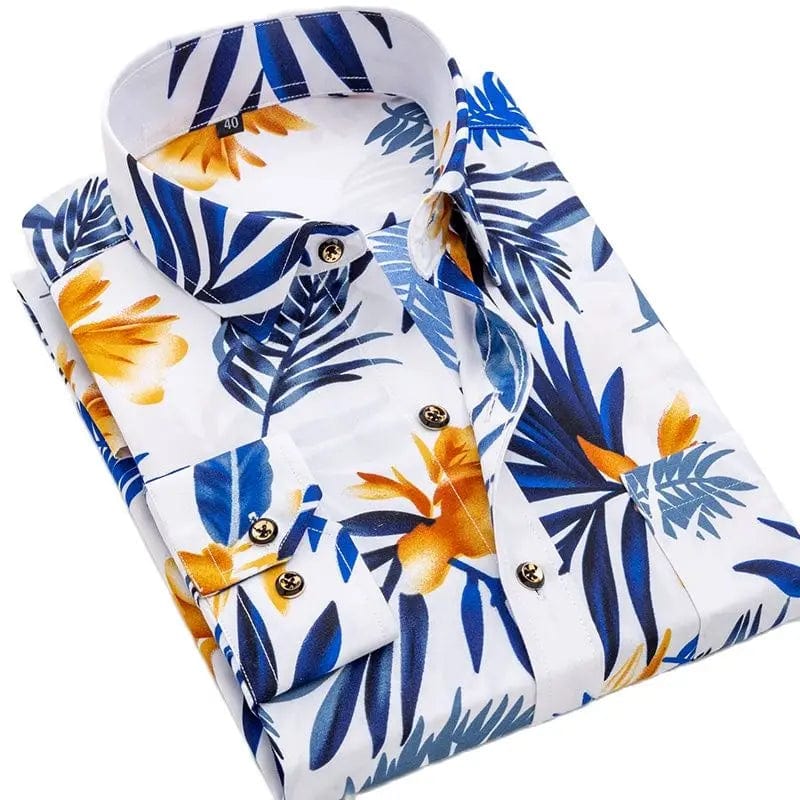 Men's printed casual shirt with long sleeves and turn-down collar, featuring a stylish Hawaiian-inspired design for summer or holiday wear.