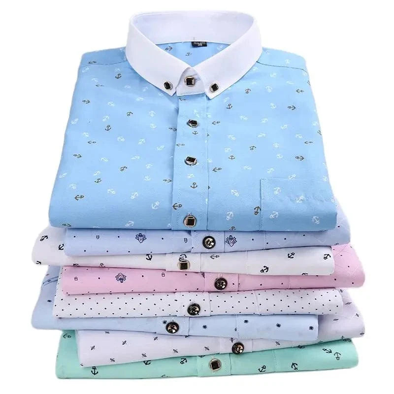 SHOWLU men's printed casual long sleeve shirt with turn-down collar, suitable for summer, holiday, or wedding events.