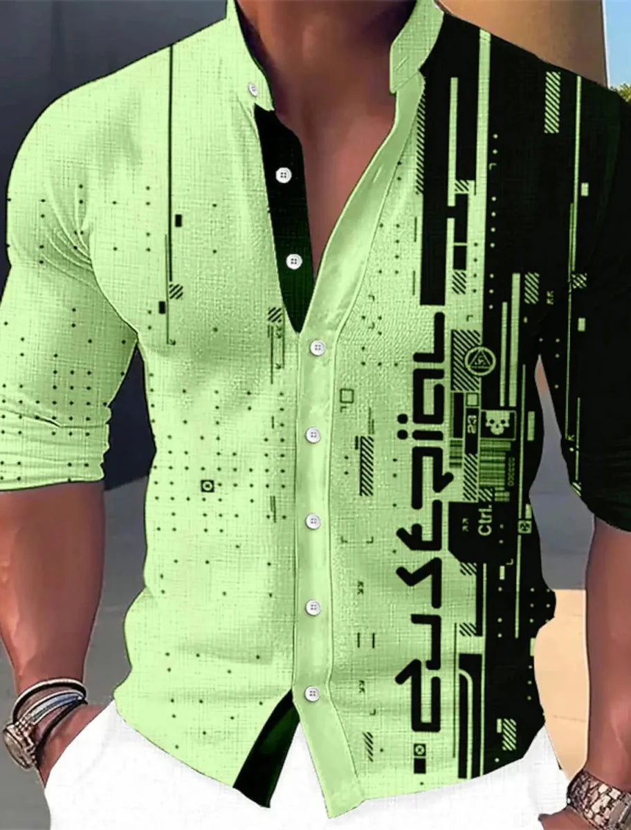 Men's Showlu Fashion long sleeve casual shirt with geometric print, stand collar, polyester fabric, perfect for outdoor and streetwear styles.