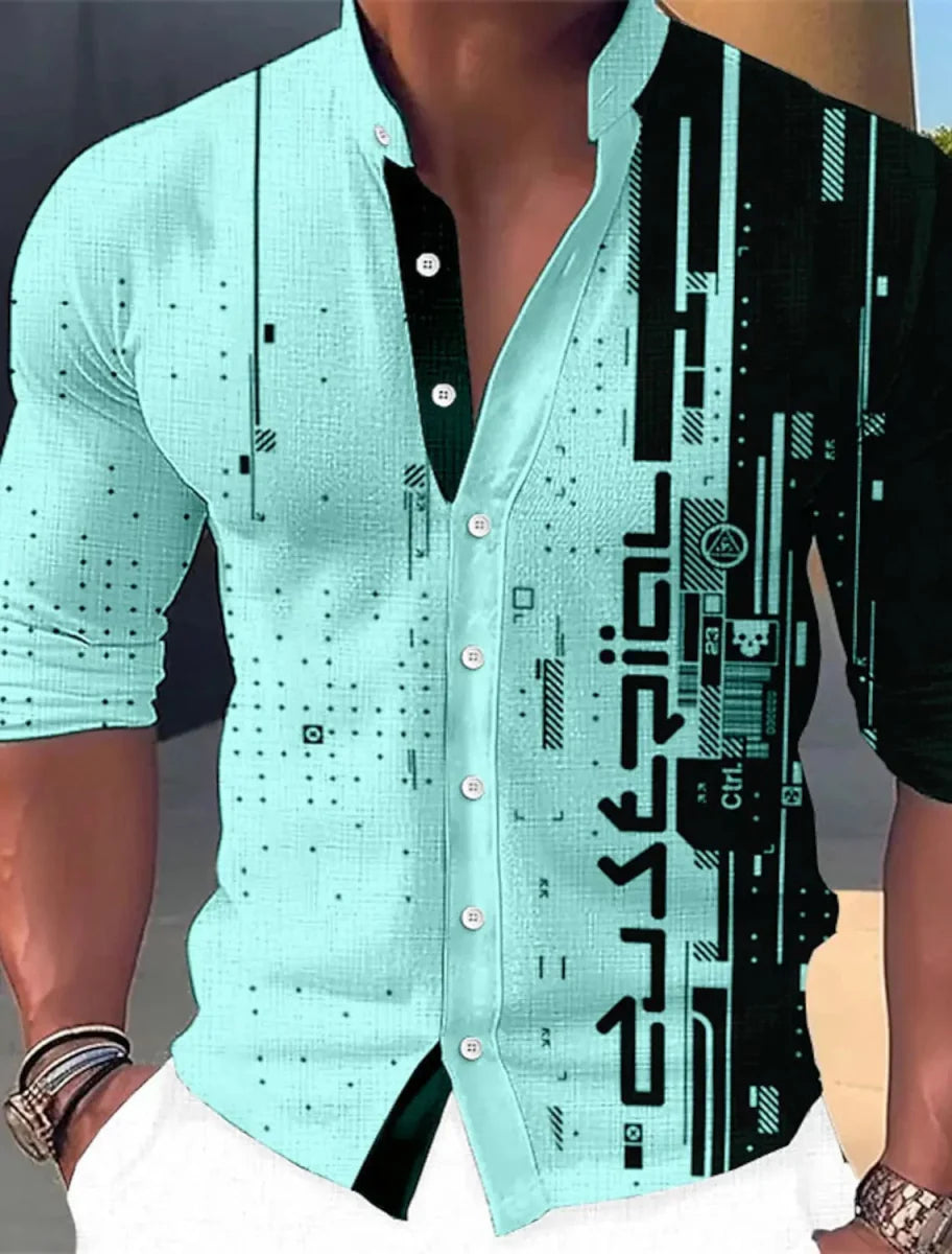 Men's Showlu Fashion long sleeve casual shirt with geometric print, stand collar, polyester fabric, suitable for outdoor and streetwear.