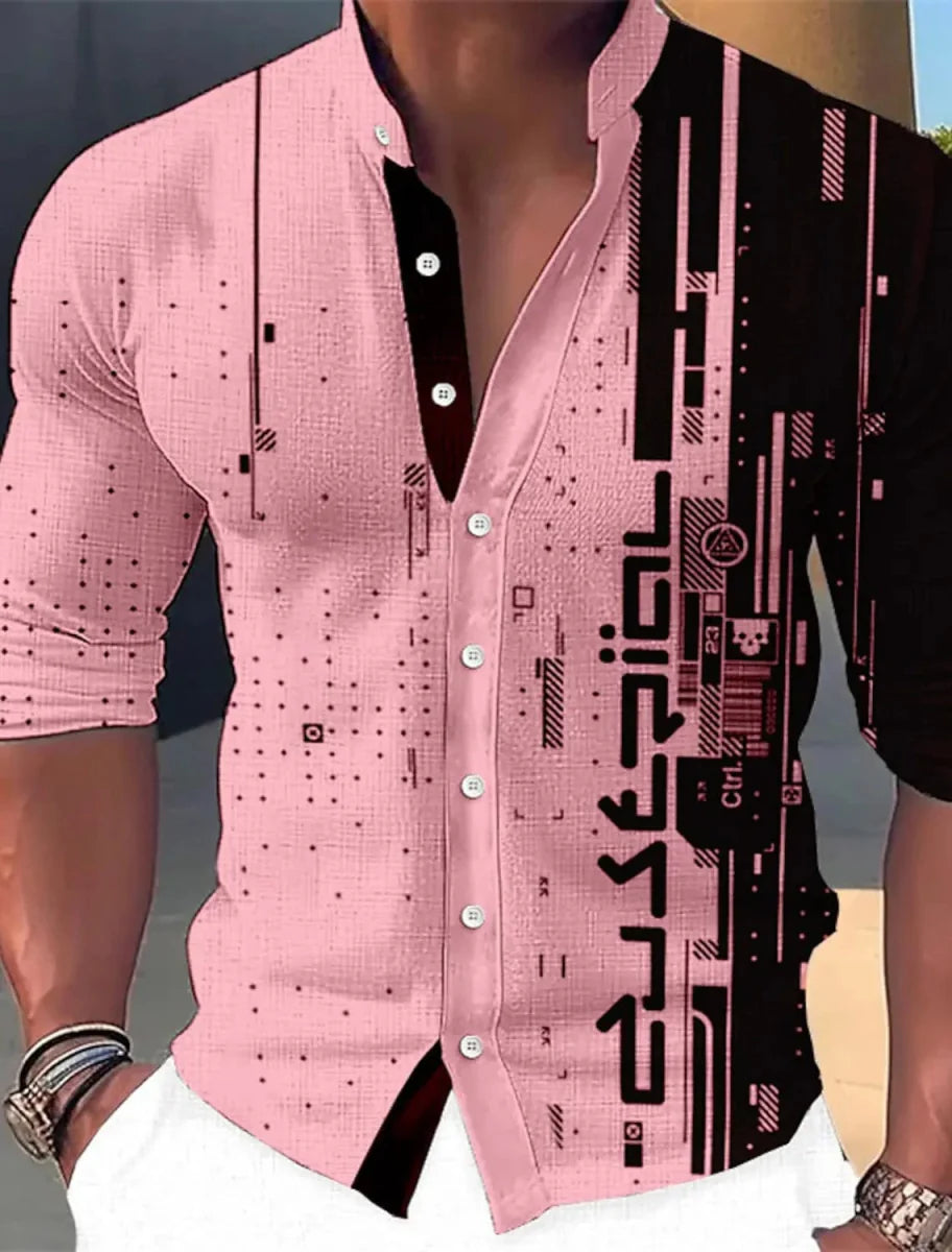 Men's Showlu Fashion long sleeve casual shirt with geometric print, stand collar, polyester fabric, suitable for outdoor and streetwear style.