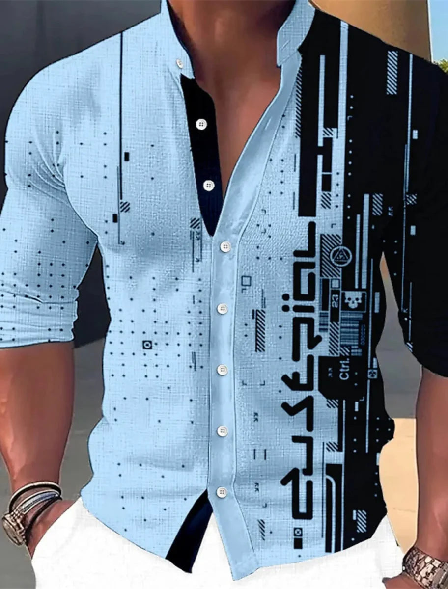 Men's Showlu Fashion long sleeve casual shirt with geometric print, stand collar, polyester fabric, suitable for outdoor and streetwear styles.