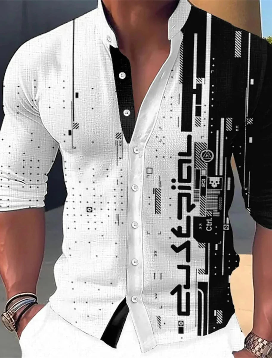 Men's Showlu Fashion geometric print long sleeve casual shirt with stand collar, polyester fabric, ideal for outdoor and streetwear style.