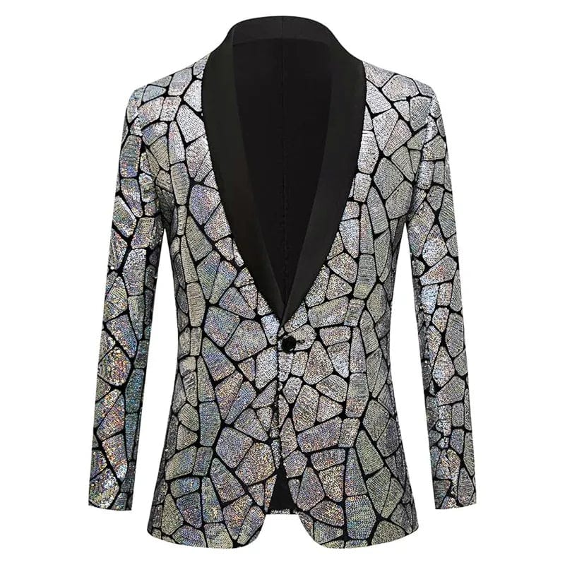 Men's shiny laser sequin blazer with one button, shawl lapel, suitable for wedding, tuxedo, or nightclub events.