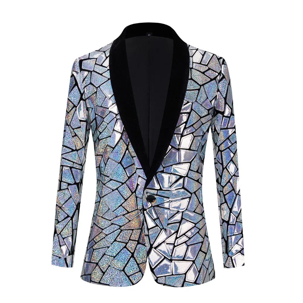 Men's shiny laser sequin blazer by SHOWLU FASHION, featuring a one-button tuxedo jacket with shawl lapel, ideal for wedding or party.