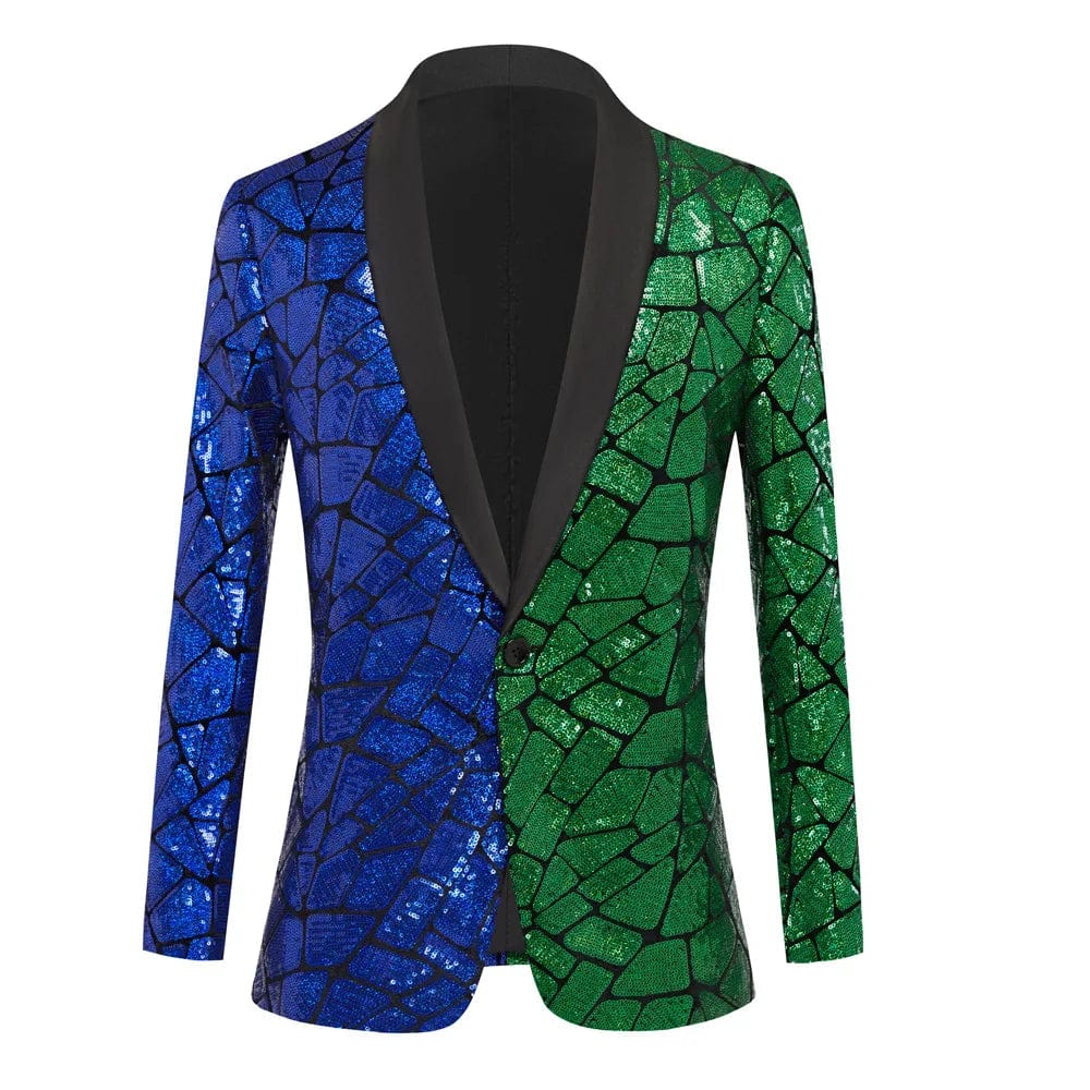 Men's laser sequin blazer by SHOWLU FASHION, shiny tuxedo jacket with shawl lapel, one button, perfect for wedding or nightclub.